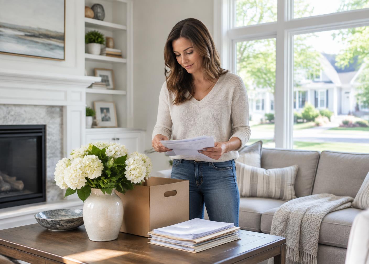 Homeowner organizing property documents while preparing a Long Island home for sale