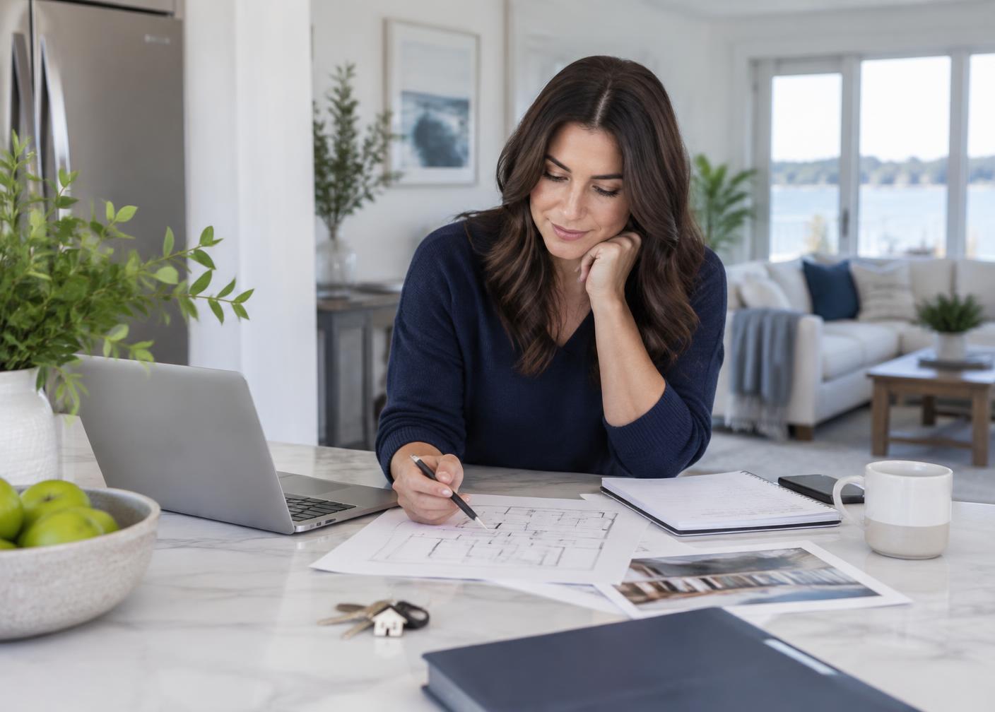Prospective buyer reviewing a home floor plan in a bright residential kitchen