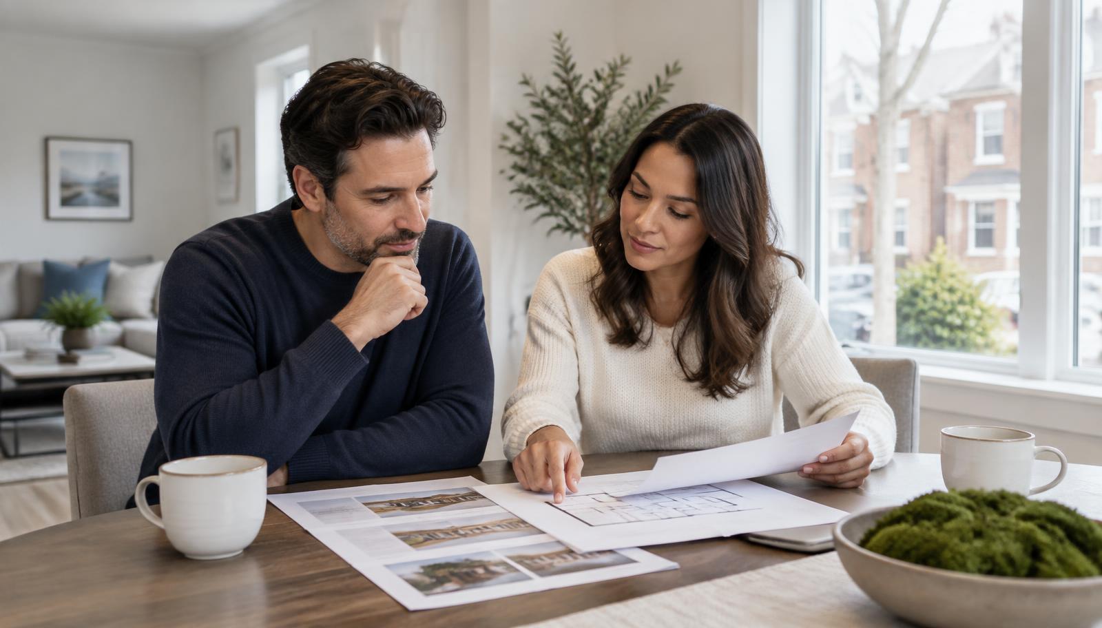 Prospective homebuyers reviewing property documents in a bright New York residence